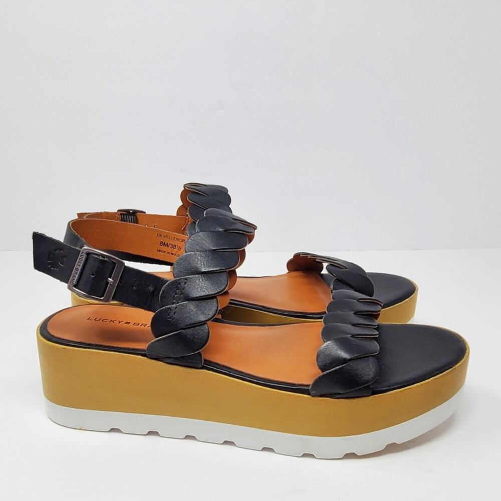 Lucky Brand women's Vellenora black and tan leather platform sandals Size 8